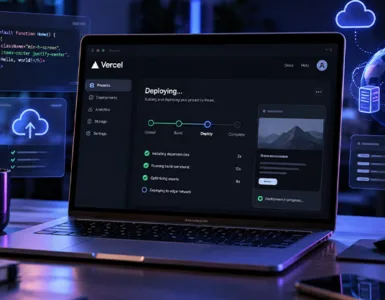 Vercel : image ou photo d'un ordinateur portable affichant le déploiement d’un site web sur Vercel, avec des éléments illustrant le cloud, l’hébergement web et la programmation.