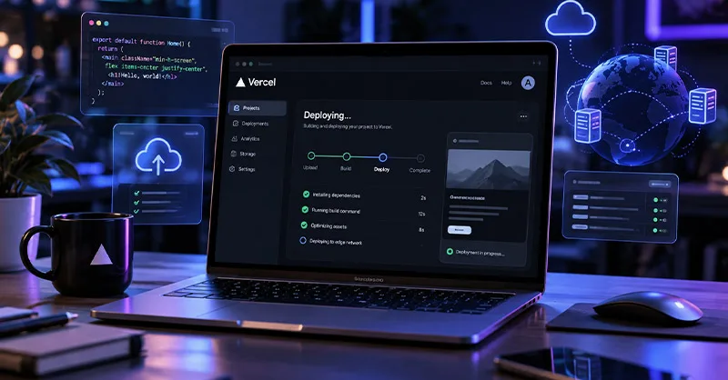 Vercel : image ou photo d'un ordinateur portable affichant le déploiement d’un site web sur Vercel, avec des éléments illustrant le cloud, l’hébergement web et la programmation.