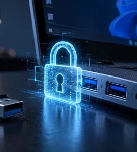Verrouiller les ports USB : image ou photo d'un ordinateur portable avec ports USB verrouillés par un cadenas numérique, illustrant la sécurisation des périphériques USB sous Windows.