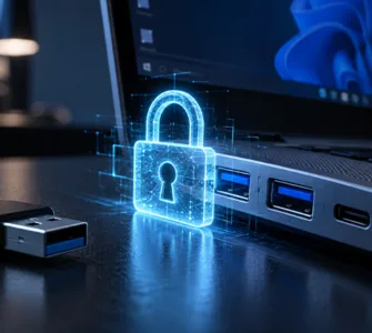 Verrouiller les ports USB : image ou photo d'un ordinateur portable avec ports USB verrouillés par un cadenas numérique, illustrant la sécurisation des périphériques USB sous Windows.