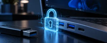 Verrouiller les ports USB : image ou photo d'un ordinateur portable avec ports USB verrouillés par un cadenas numérique, illustrant la sécurisation des périphériques USB sous Windows.