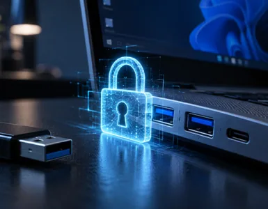 Verrouiller les ports USB : image ou photo d'un ordinateur portable avec ports USB verrouillés par un cadenas numérique, illustrant la sécurisation des périphériques USB sous Windows.
