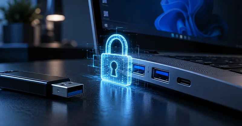 Verrouiller les ports USB : image ou photo d'un ordinateur portable avec ports USB verrouillés par un cadenas numérique, illustrant la sécurisation des périphériques USB sous Windows.