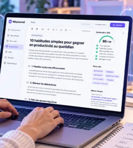 Wisewand : image ou photo d'un ordinateur portable affichant Wisewand pour rédiger et optimiser un article de blog avec l’intelligence artificielle et le SEO.