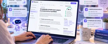 Wisewand : image ou photo d'un ordinateur portable affichant Wisewand pour rédiger et optimiser un article de blog avec l’intelligence artificielle et le SEO.
