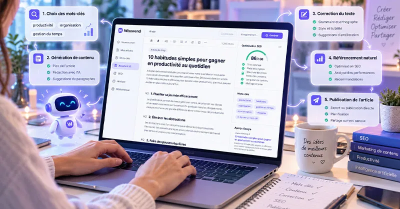 Wisewand : image ou photo d'un ordinateur portable affichant Wisewand pour rédiger et optimiser un article de blog avec l’intelligence artificielle et le SEO.