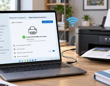 Configurer une imprimante : image ou photo d'un ordinateur portable connecté à une imprimante multifonction sous Windows 11, avec configuration réussie via Wi-Fi ou USB.