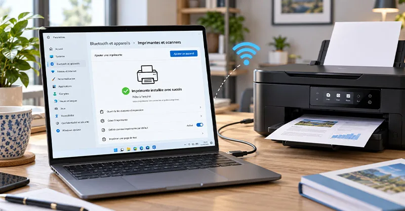 Configurer une imprimante : image ou photo d'un ordinateur portable connecté à une imprimante multifonction sous Windows 11, avec configuration réussie via Wi-Fi ou USB.