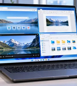 Divisé un écran : image ou photo d'un ordinateur portable sous Windows 11 affichant un écran divisé en quatre fenêtres : navigateur web, Word, vidéo et explorateur de fichiers.