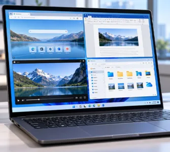 Divisé un écran : image ou photo d'un ordinateur portable sous Windows 11 affichant un écran divisé en quatre fenêtres : navigateur web, Word, vidéo et explorateur de fichiers.