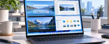 Divisé un écran : image ou photo d'un ordinateur portable sous Windows 11 affichant un écran divisé en quatre fenêtres : navigateur web, Word, vidéo et explorateur de fichiers.