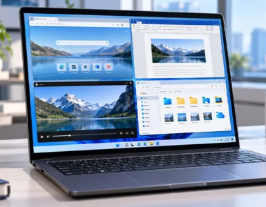Divisé un écran : image ou photo d'un ordinateur portable sous Windows 11 affichant un écran divisé en quatre fenêtres : navigateur web, Word, vidéo et explorateur de fichiers.