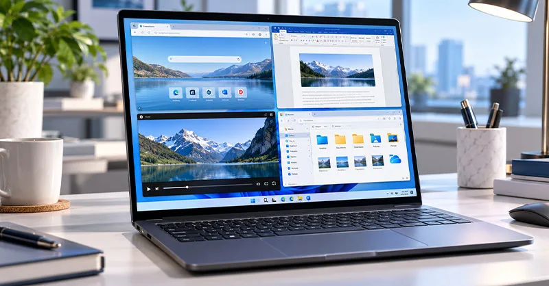Divisé un écran : image ou photo d'un ordinateur portable sous Windows 11 affichant un écran divisé en quatre fenêtres : navigateur web, Word, vidéo et explorateur de fichiers.