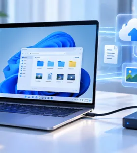 Logiciels gratuits pour sauvegarder un PC : image ou photo montrant un ordinateur portable affichant une interface de fichiers de type Windows 11, relié à un disque dur externe sur un bureau moderne, avec des icônes flottantes de dossiers, documents, cloud et bouclier de sécurité évoquant la sauvegarde et la protection des données.