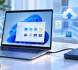Logiciels gratuits pour sauvegarder un PC : image ou photo montrant un ordinateur portable affichant une interface de fichiers de type Windows 11, relié à un disque dur externe sur un bureau moderne, avec des icônes flottantes de dossiers, documents, cloud et bouclier de sécurité évoquant la sauvegarde et la protection des données.