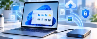 Logiciels gratuits pour sauvegarder un PC : image ou photo montrant un ordinateur portable affichant une interface de fichiers de type Windows 11, relié à un disque dur externe sur un bureau moderne, avec des icônes flottantes de dossiers, documents, cloud et bouclier de sécurité évoquant la sauvegarde et la protection des données.