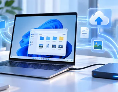 Logiciels gratuits pour sauvegarder un PC : image ou photo montrant un ordinateur portable affichant une interface de fichiers de type Windows 11, relié à un disque dur externe sur un bureau moderne, avec des icônes flottantes de dossiers, documents, cloud et bouclier de sécurité évoquant la sauvegarde et la protection des données.