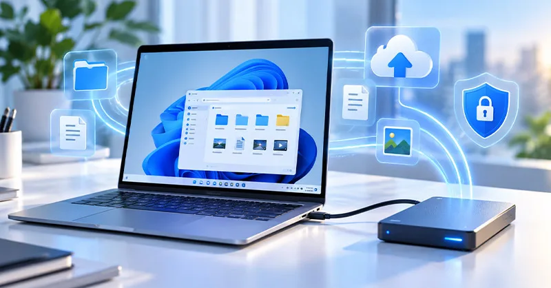 Logiciels gratuits pour sauvegarder un PC : image ou photo montrant un ordinateur portable affichant une interface de fichiers de type Windows 11, relié à un disque dur externe sur un bureau moderne, avec des icônes flottantes de dossiers, documents, cloud et bouclier de sécurité évoquant la sauvegarde et la protection des données.